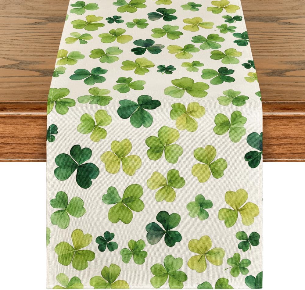 Shamrock St. Patrick's Day Table Runner, Seasonal Spring Lucky Kitchen Dining Table Decoration for Home Party V1258-DP02-A-1146
