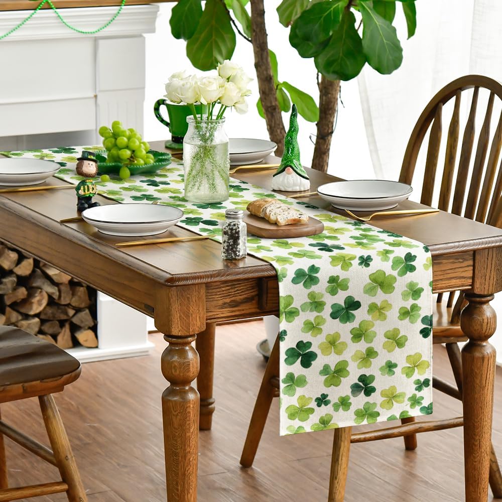 Shamrock St. Patrick's Day Table Runner, Seasonal Spring Lucky Kitchen Dining Table Decoration for Home Party V1258-DP02-A-1146