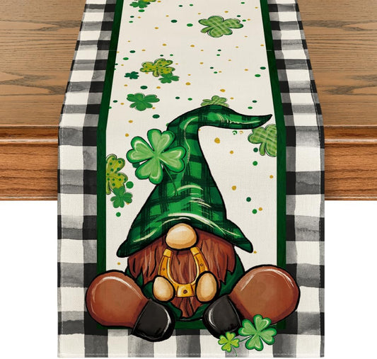 Buffalo Plaid Shamrock Gnome St. Patrick's Day Table Runner, Seasonal Spring Holiday Kitchen Dining Table V1258-DP02-A-1147