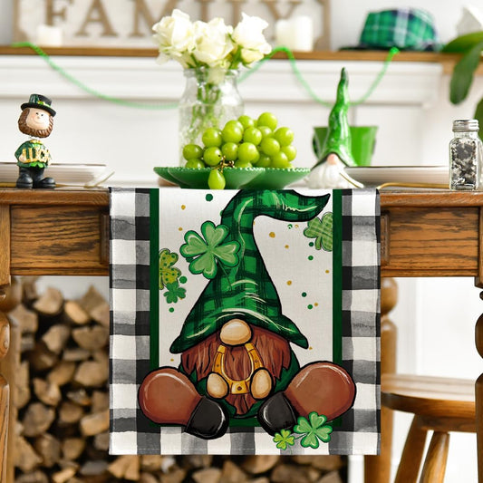 Buffalo Plaid Shamrock Gnome St. Patrick's Day Table Runner, Seasonal Spring Holiday Kitchen Dining Table V1258-DP02-A-1147