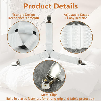 4PCS Bed Sheet Straps with l Clips, Adjustable Elastic Fitted Sheet Holders for Corners, Keep Bedding V1258-DP02-A-1169