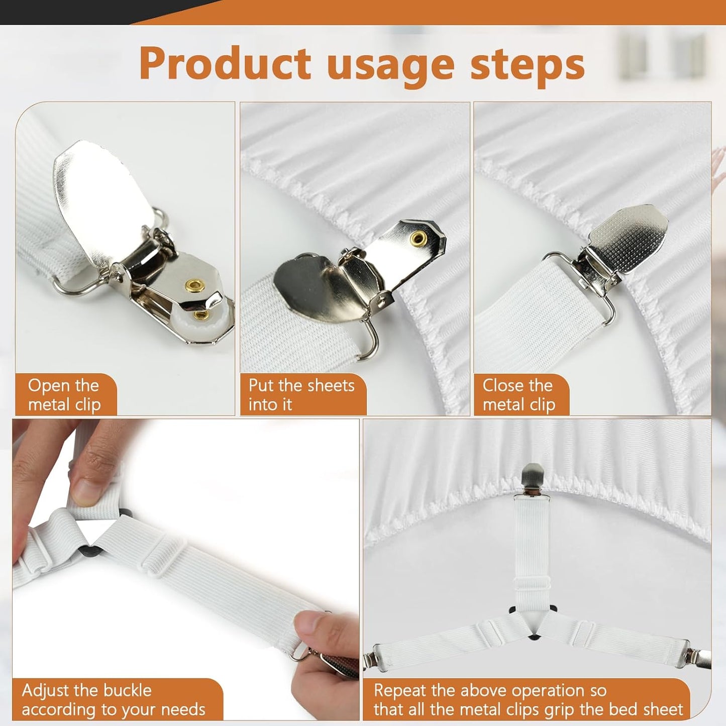 4PCS Bed Sheet Straps with l Clips, Adjustable Elastic Fitted Sheet Holders for Corners, Keep Bedding V1258-DP02-A-1169