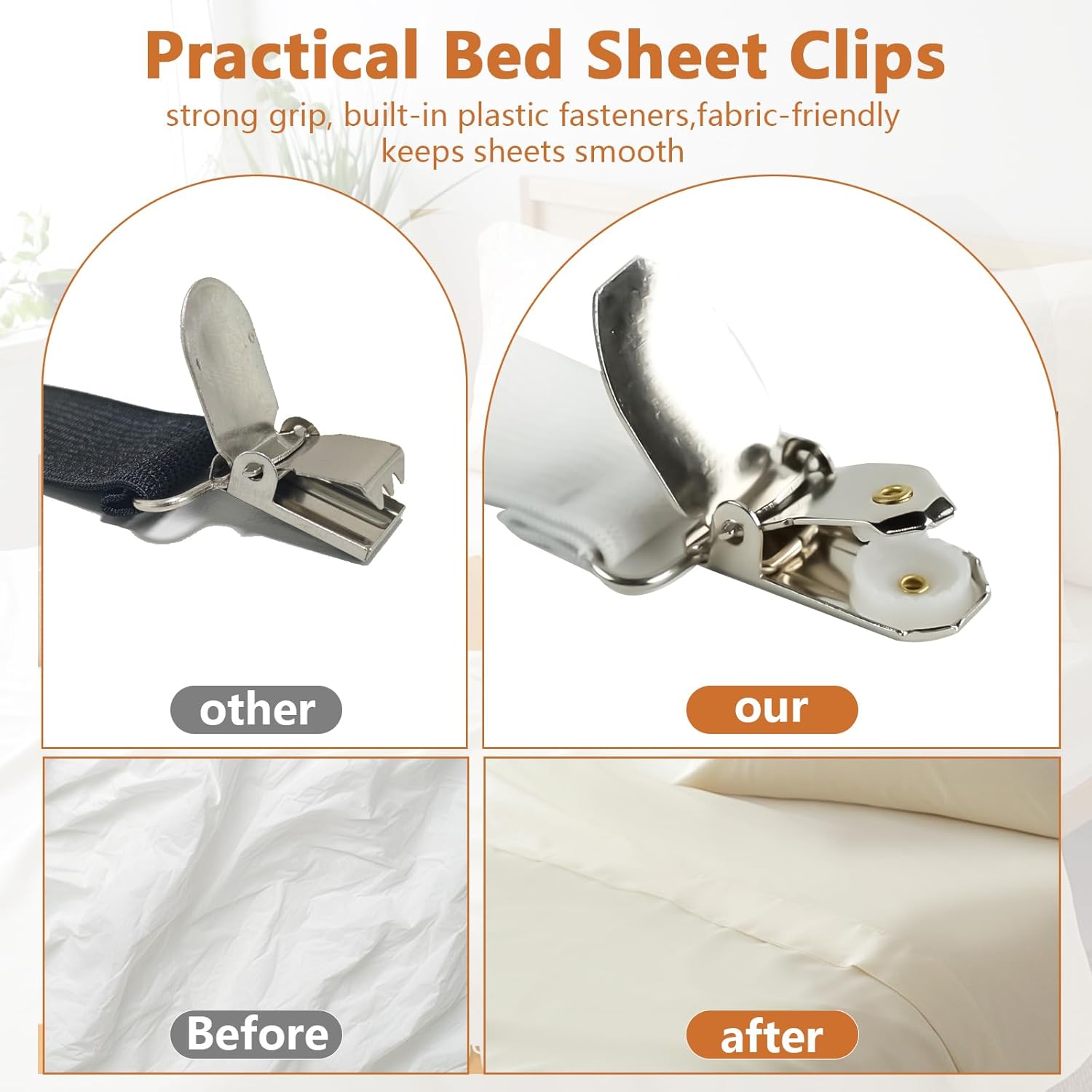 4PCS Bed Sheet Straps with l Clips, Adjustable Elastic Fitted Sheet Holders for Corners, Keep Bedding V1258-DP02-A-1169