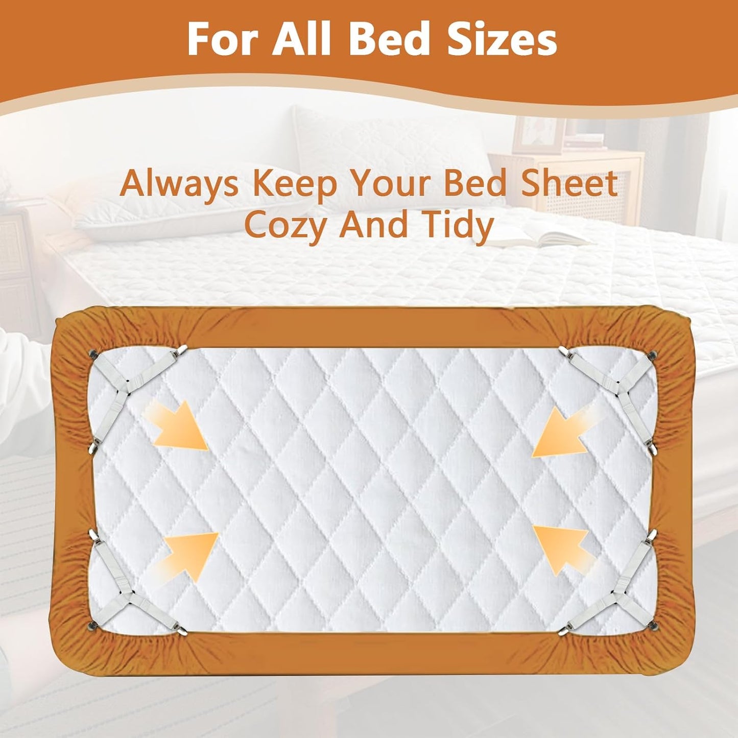 4PCS Bed Sheet Straps with l Clips, Adjustable Elastic Fitted Sheet Holders for Corners, Keep Bedding V1258-DP02-A-1169