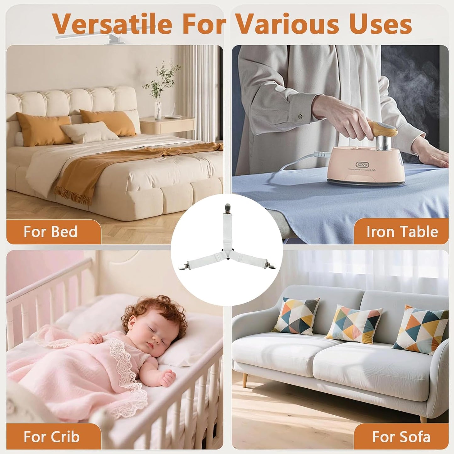 4PCS Bed Sheet Straps with l Clips, Adjustable Elastic Fitted Sheet Holders for Corners, Keep Bedding V1258-DP02-A-1169