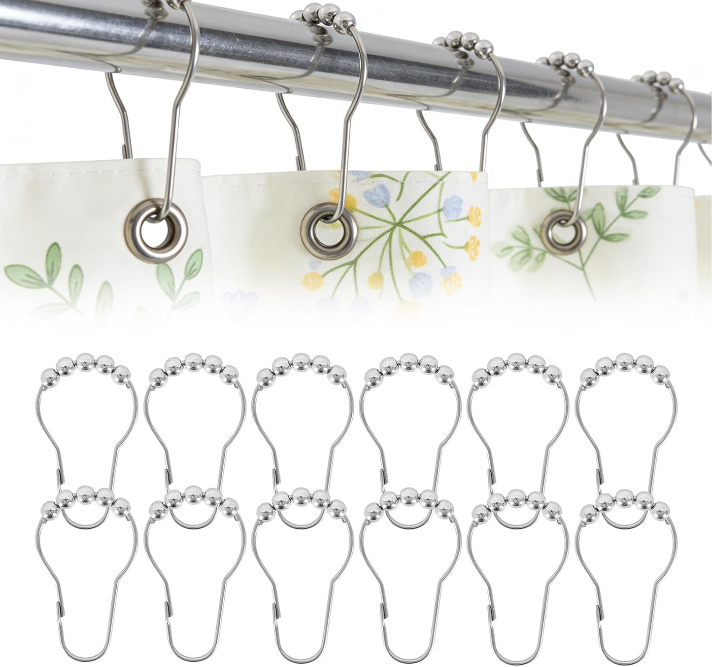 12 Shower Curtain Hooks, Suitable for Bathroom Shower rods for Rust-Proof Decorative Stainless Steel Shower V1258-DP02-A-1171