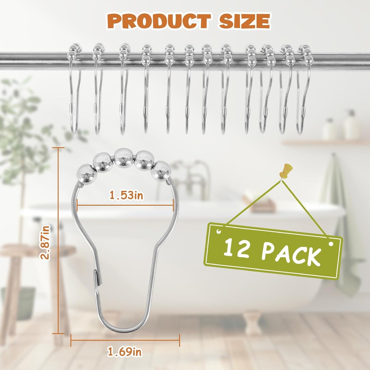 12 Shower Curtain Hooks, Suitable for Bathroom Shower rods for Rust-Proof Decorative Stainless Steel Shower V1258-DP02-A-1171