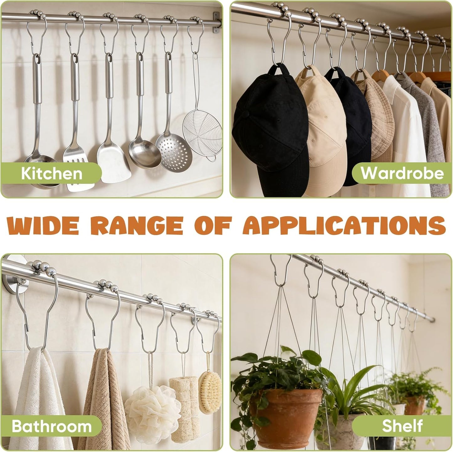 12 Shower Curtain Hooks, Suitable for Bathroom Shower rods for Rust-Proof Decorative Stainless Steel Shower V1258-DP02-A-1171
