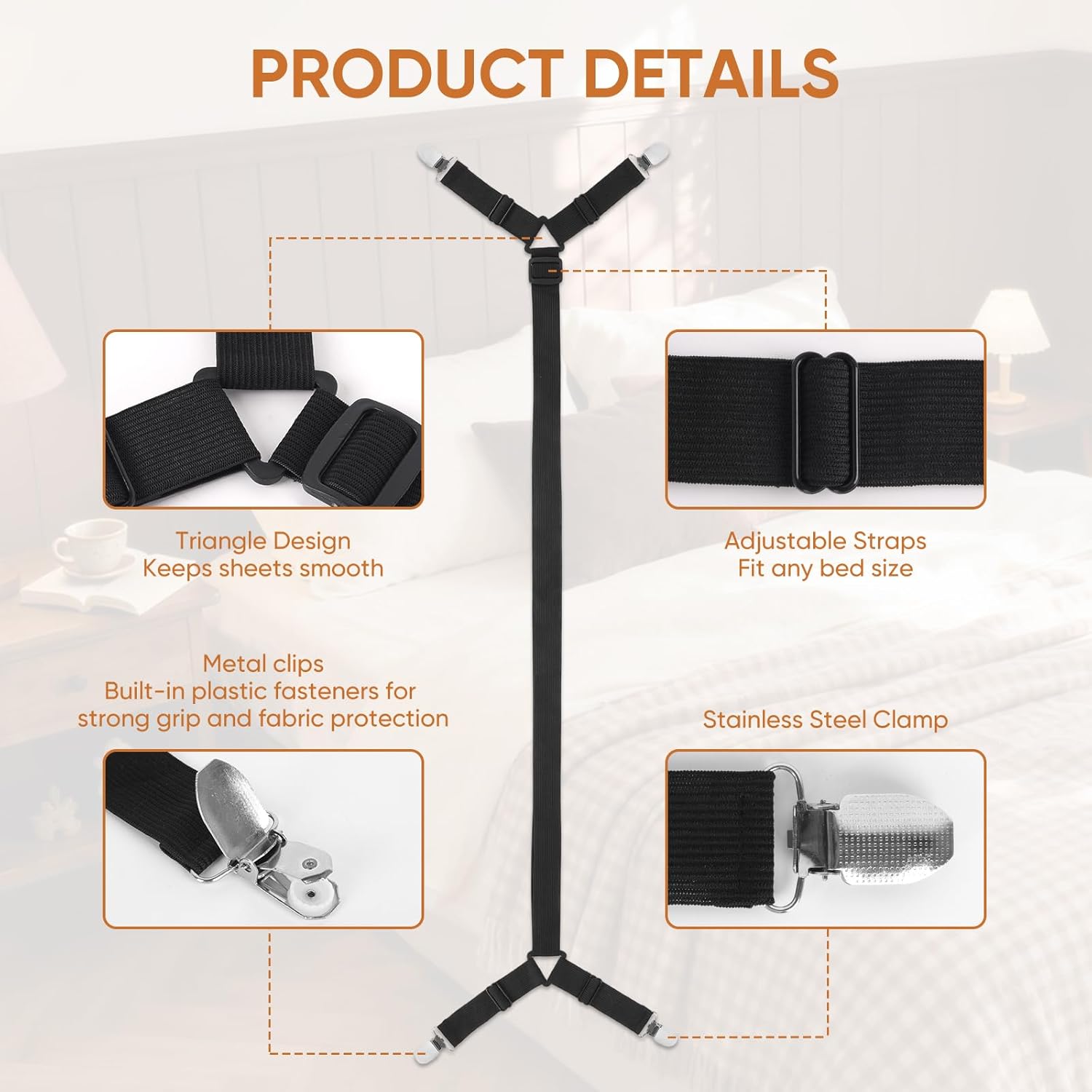 Bed Sheet Holder Straps, 2Pcs Elastic Adjustable Bed Sheet Grippers,Fitted Sheet Holder Keep Sheets in Place, V1258-DP02-A-1173