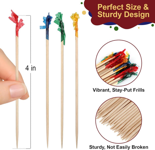Cocktail Picks, Colored Frill Fancy Wooden Toothpicks for Appetizers Sandwich Drinks Fruit, 4 Inch Decorative V1258-DP02-A-1195
