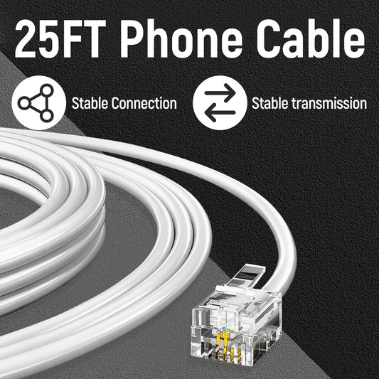 25 Feet White Phone Extension Line Cord, Standard RJ11 6P4C Telephone Cable Wire, Landline Phone Wire for V1258-DP02-A-1204