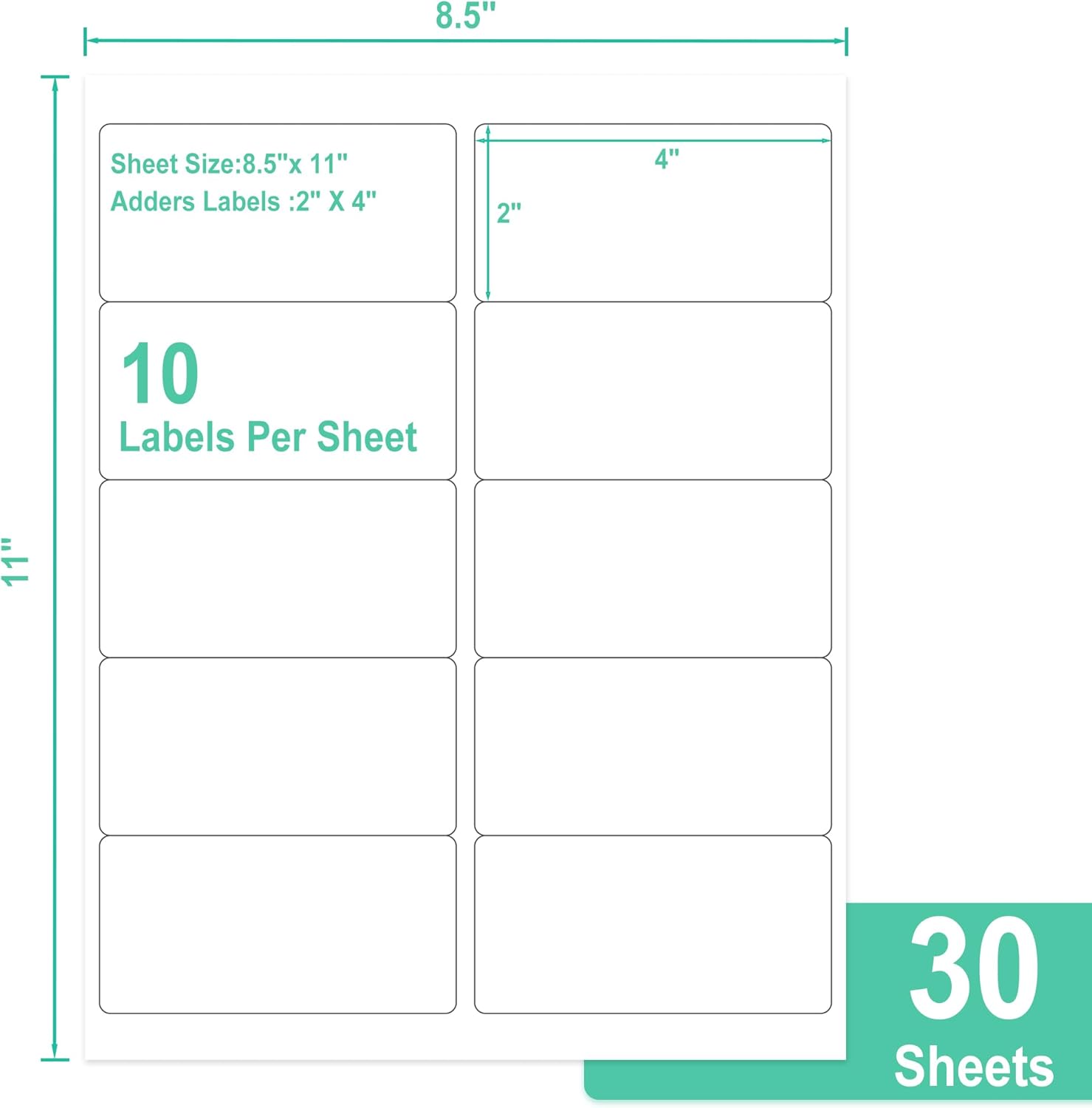 30 Sheets 10 per Page Label Papers, 2 x 4 in Shipping Address Mailing Labels, Printable White Sticker Labels V1258-DP02-A-1214
