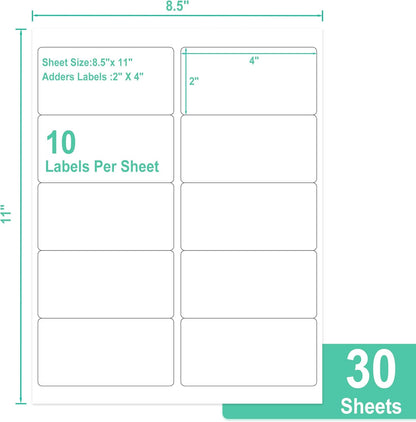 30 Sheets 10 per Page Label Papers, 2 x 4 in Shipping Address Mailing Labels, Printable White Sticker Labels V1258-DP02-A-1214
