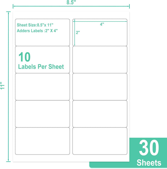 30 Sheets 10 per Page Label Papers, 2 x 4 in Shipping Address Mailing Labels, Printable White Sticker Labels V1258-DP02-A-1214