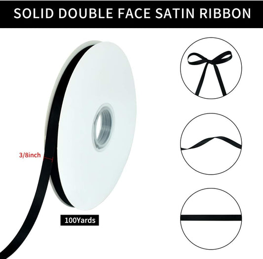 3/8 Inch x 100yds Black Satin Ribbon Thin Solid Fabric Ribbons Roll for Gift Wrapping Invitation Floral Hair V1258-DP02-A-1217