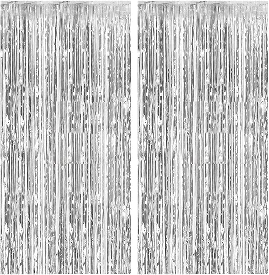 2 Pack Foil Curtain Backdrop Silver Metallic Tinsel Foil Fringe Curtains Photo Booth Props for Birthday V1258-DP02-A-1219