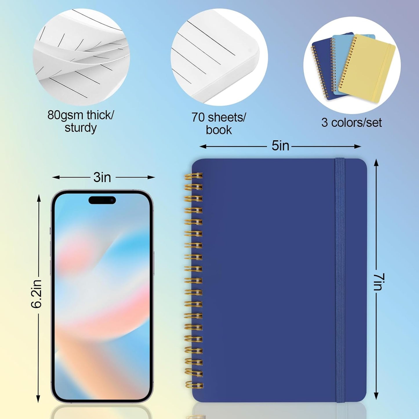 3 PCS Small Spiral Notebook 5x7, Notebooks for Note Taking, Blue Color Scheme Spiral Journal Notebook, Work V1258-DP02-A-1235