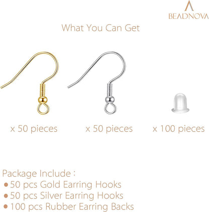 200pcs Mix Earring Hooks & Backs, Silver & Gold, 100pcs Hooks & 100pcs Backs, DIY Earring Supplies V1258-DP02-A-124