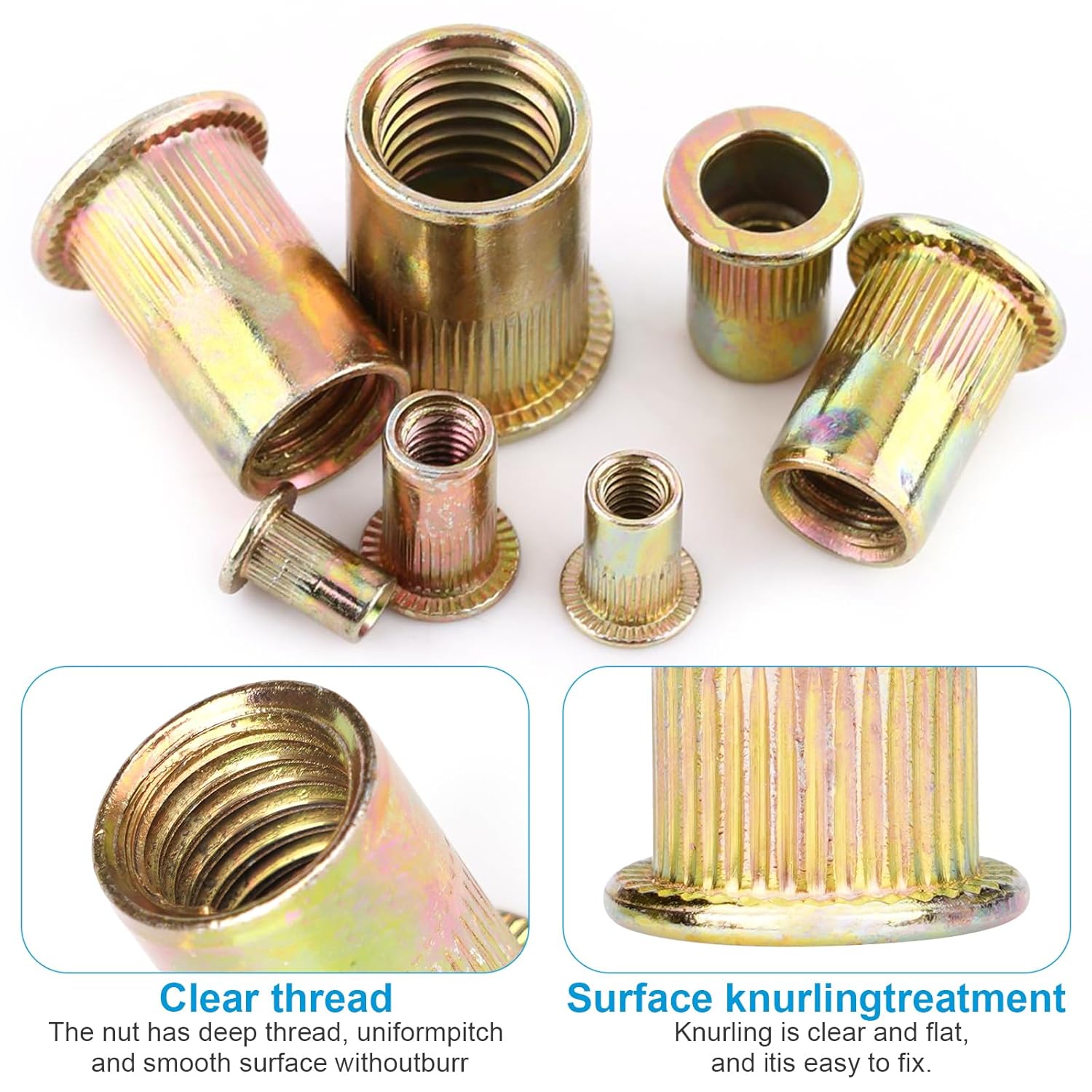 Rivet Nuts, 100Pcs M5 Rivet Nuts,Zinc Plated Finish Carbon Steel Flat Head Rivnut Threaded Insert V1258-DP02-A-1248