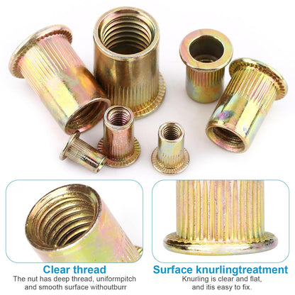 Rivet Nuts, 100Pcs M5 Rivet Nuts,Zinc Plated Finish Carbon Steel Flat Head Rivnut Threaded Insert V1258-DP02-A-1248