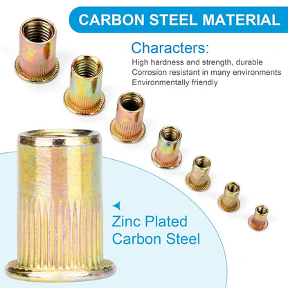 Rivet Nuts, 100Pcs M5 Rivet Nuts,Zinc Plated Finish Carbon Steel Flat Head Rivnut Threaded Insert V1258-DP02-A-1248