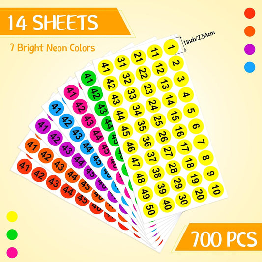 700 Pcs Consecutive Number Stickers 1-100 Round Colored Labels 1 Inch Self Adhesive Vinyl Number Decals for V1258-DP02-A-1273