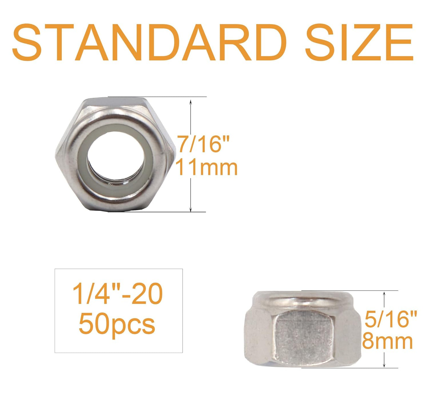 50pcs 1/4-20 Inch Nylon Inserted Self Locking Nuts - 304 Stainless Steel, 1/4" Nylock Nuts for Furniture, V1258-DP02-A-1299