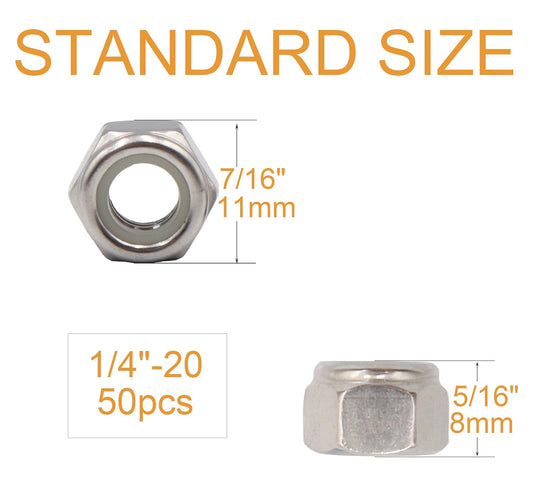 50pcs 1/4-20 Inch Nylon Inserted Self Locking Nuts - 304 Stainless Steel, 1/4" Nylock Nuts for Furniture, V1258-DP02-A-1299