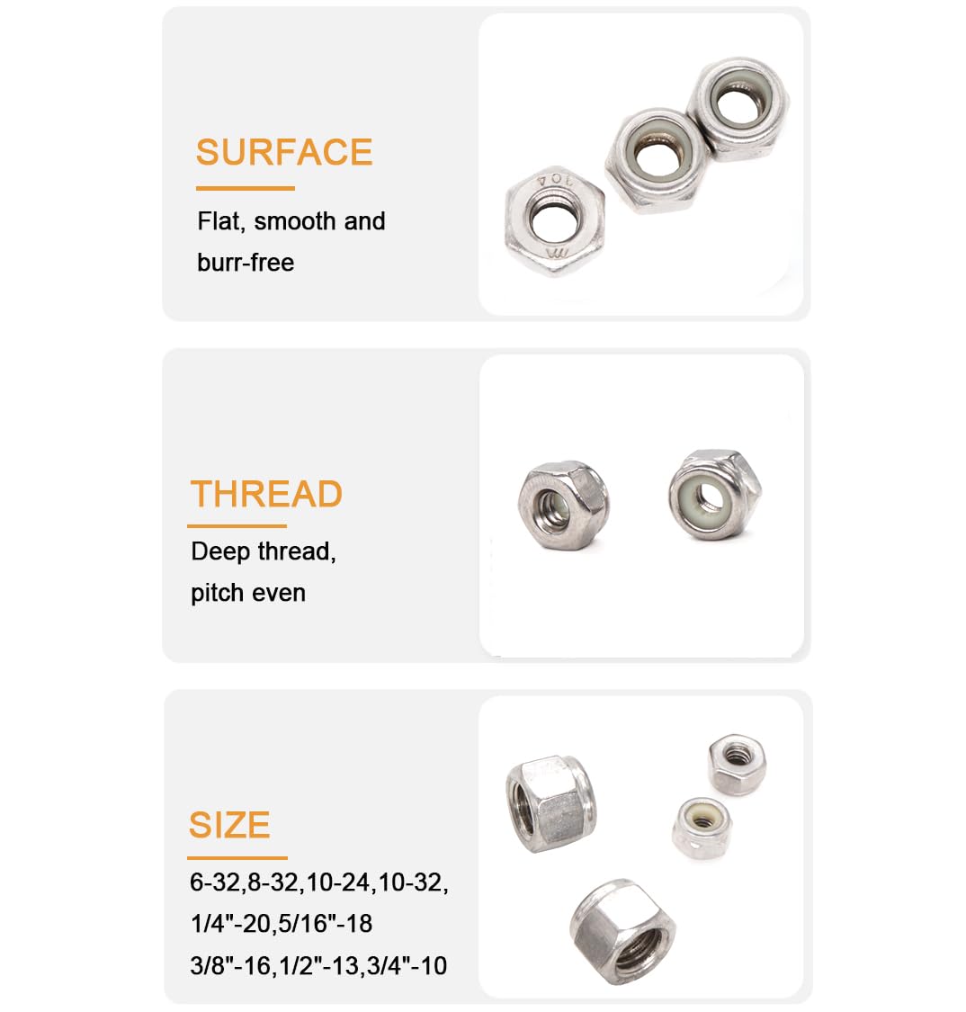50pcs 1/4-20 Inch Nylon Inserted Self Locking Nuts - 304 Stainless Steel, 1/4" Nylock Nuts for Furniture, V1258-DP02-A-1299