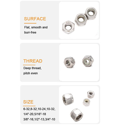 50pcs 1/4-20 Inch Nylon Inserted Self Locking Nuts - 304 Stainless Steel, 1/4" Nylock Nuts for Furniture, V1258-DP02-A-1299