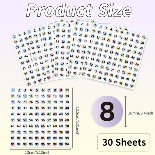 3000Pcs Consecutive Number Stickers, 0.4 inch Small Round Numbered Stickers, 1 to 100 Vinyl Consecutive V1258-DP02-A-1303