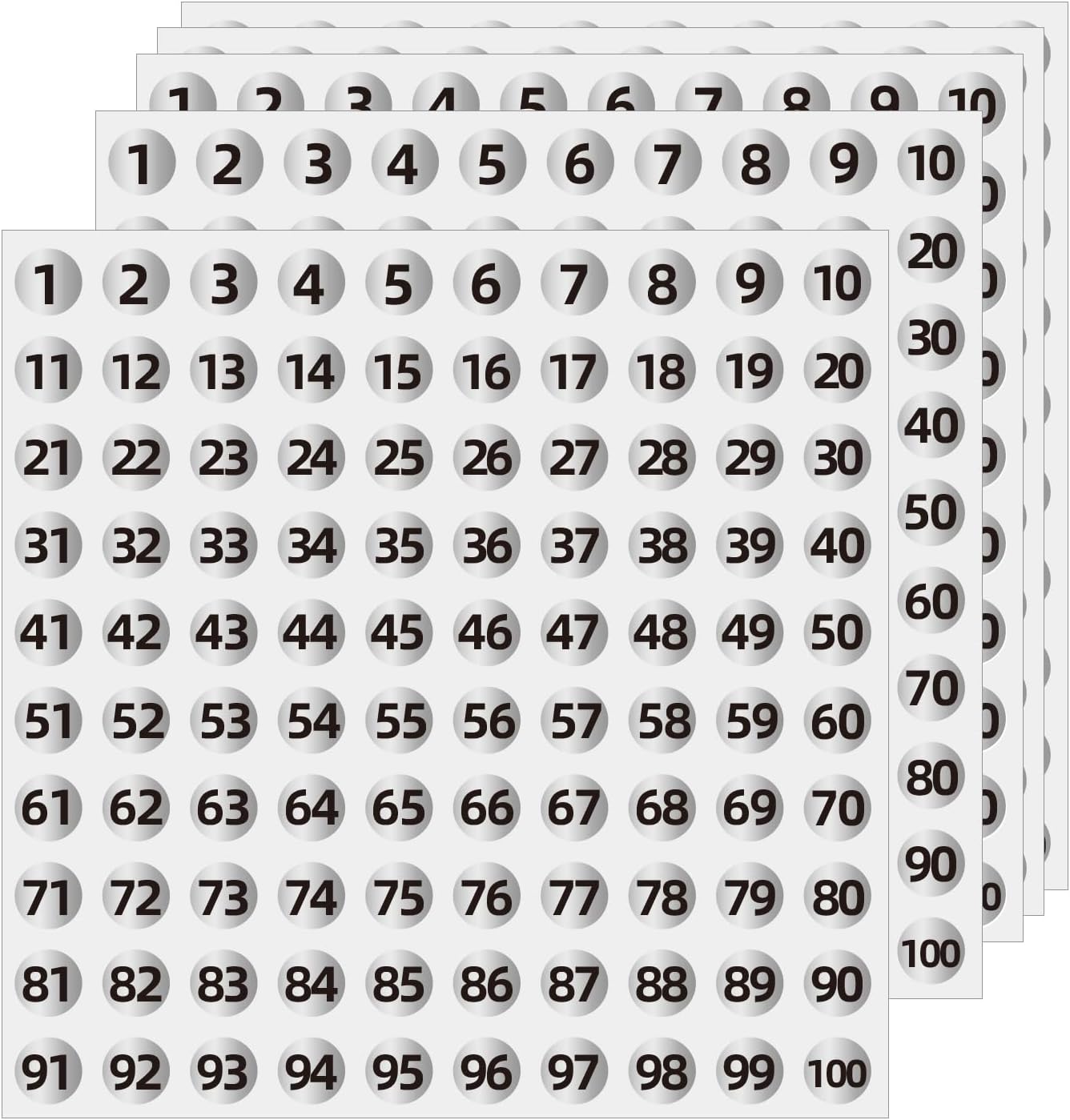 Silver Consecutive Number Stickers 1 to 100, 0.4 inch Round Small Number Stickers Labels for Inventory, V1258-DP02-A-1304