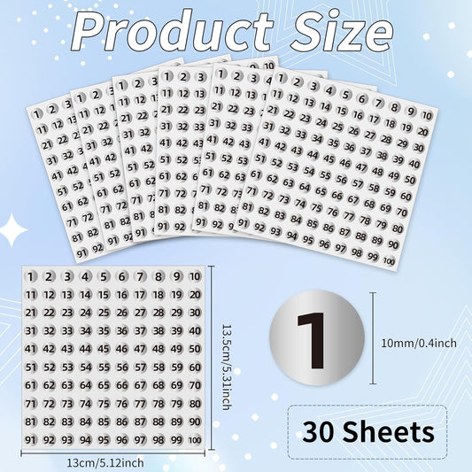 Silver Consecutive Number Stickers 1 to 100, 0.4 inch Round Small Number Stickers Labels for Inventory, V1258-DP02-A-1304