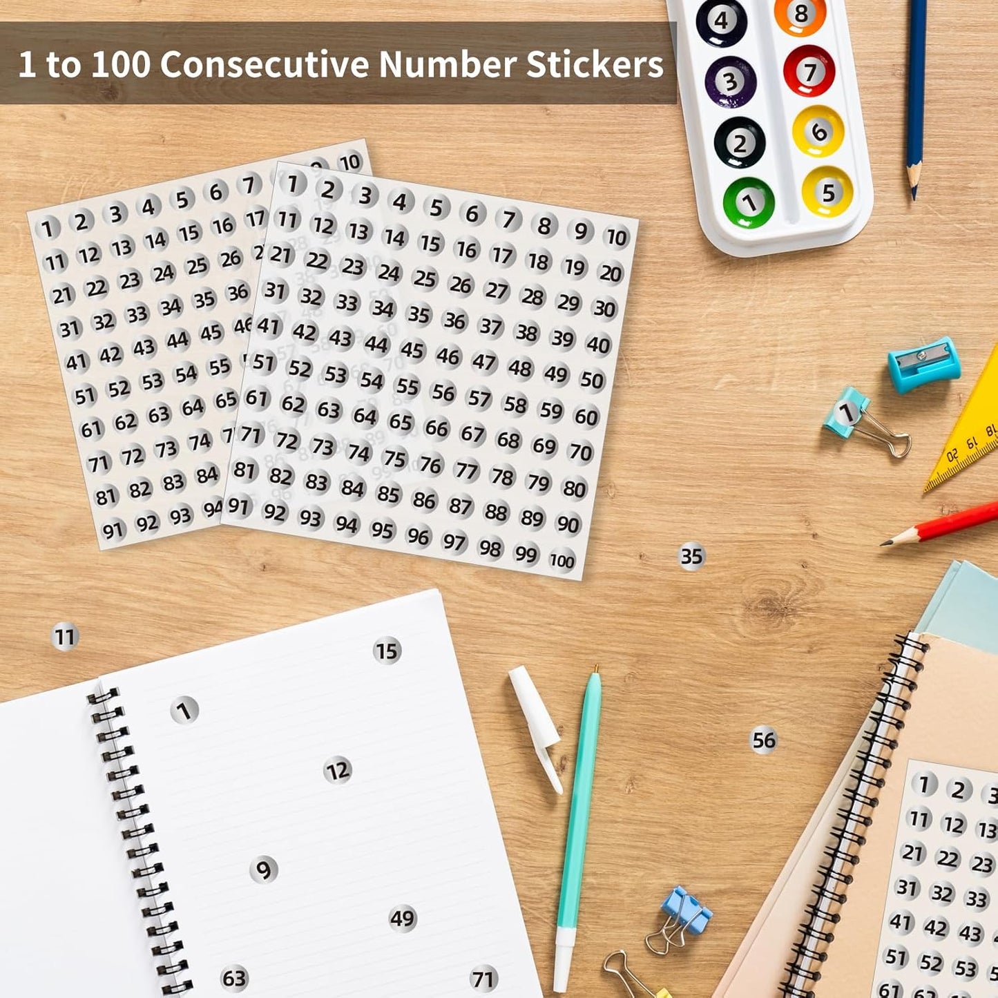 Silver Consecutive Number Stickers 1 to 100, 0.4 inch Round Small Number Stickers Labels for Inventory, V1258-DP02-A-1304