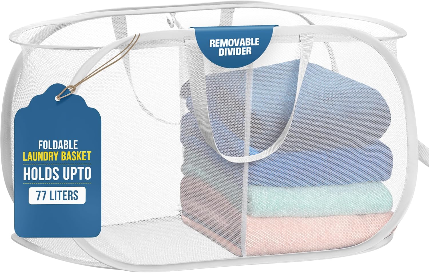 Collapsible Laundry Basket, 2-Compartment Mesh Hamper - Foldable, Space-Saving, Lightweight & Durable with V1258-DP02-A-1317
