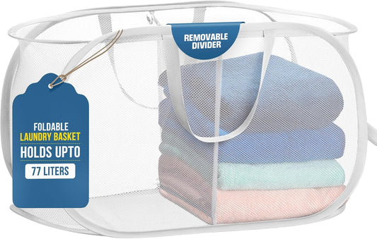 Collapsible Laundry Basket, 2-Compartment Mesh Hamper - Foldable, Space-Saving, Lightweight & Durable with V1258-DP02-A-1317