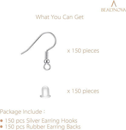 Fish Hook Earring Hooks 150pcs Earring Findings with Backs for Ear Wire Supplies Ear Post Making DIY (150pcs V1258-DP02-A-133