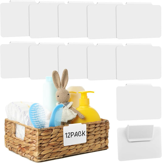 12pcs White Basket Labels Clip On for Storage Bins, Removable PVC Labels for Baskets with Holders, 3.5x2.7 V1258-DP02-A-1599