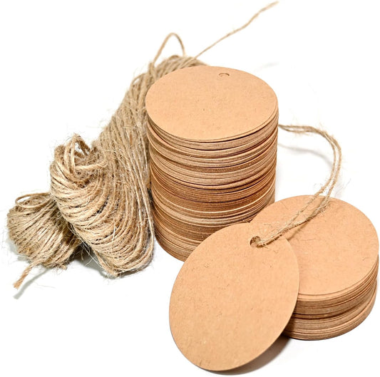 200pcs Kraft Gift Tags - Round Paper Tags for Gifts with Jute Twine, Custom Tag for Wedding Christmas Crafts, V1258-DP02-A-1604