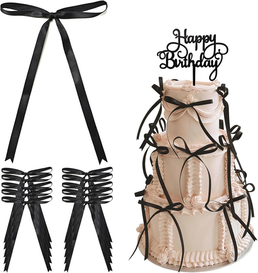 40 PCS Black Bows for Cake, with 1 Happy Birthday sign Cake Topper, Twist Tie Satin Ribbon Bow, Party V1258-DP02-A-1628