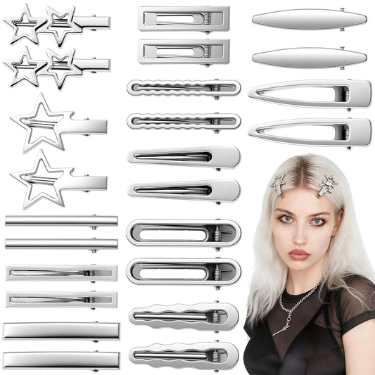 24pcs Silver Y2K Hair Clips, 12 Style Metal Alligator Clips Barrettes for Women, Non-Slip 2000s Star V1258-DP02-A-1642