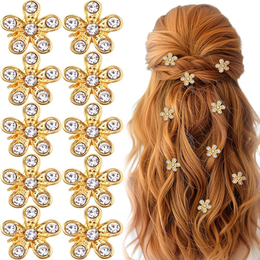 10pcs Mini Rhinestone Flower Hair Clips, Small Gold Flower Hair Clip for Women, Non-Slip Decorative Floral V1258-DP02-A-1657