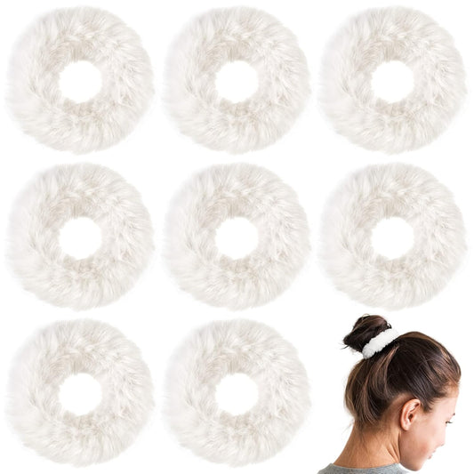 White Fuzzy Hair Scrunchies 8pcs, Furry Hair Ties Bands with Faux Rabbit Fur, Soft Kawaii Fluffy Cute Elastic V1258-DP02-A-1683