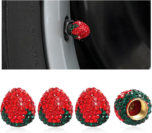 4PCS Strawberry Car Tire Valve Stem Caps, Cute Sparkling Rhinestone Dustproof Wheel Valve Stem Cover, Bling V1258-DP02-A-1758