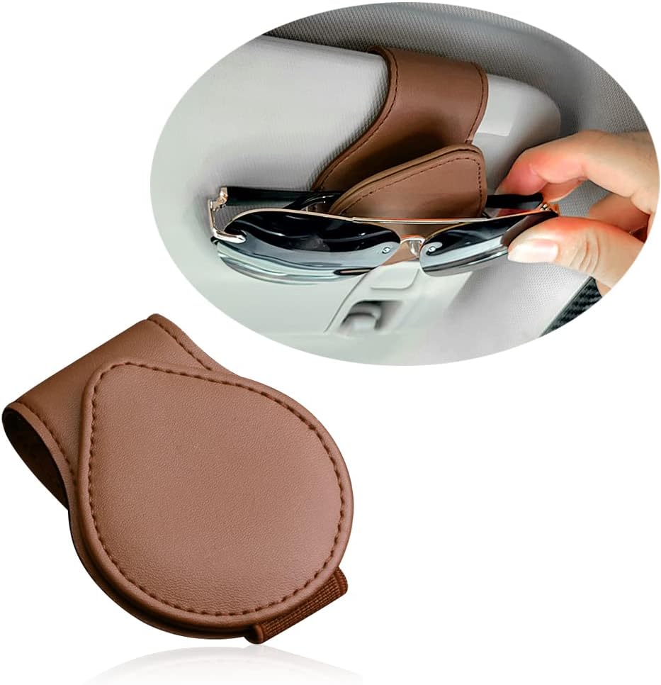 Magnetic Sunglass Holder for Visor, PU Leather Car Organizer - Universal Accessory (Brown) V1258-DP02-A-1830