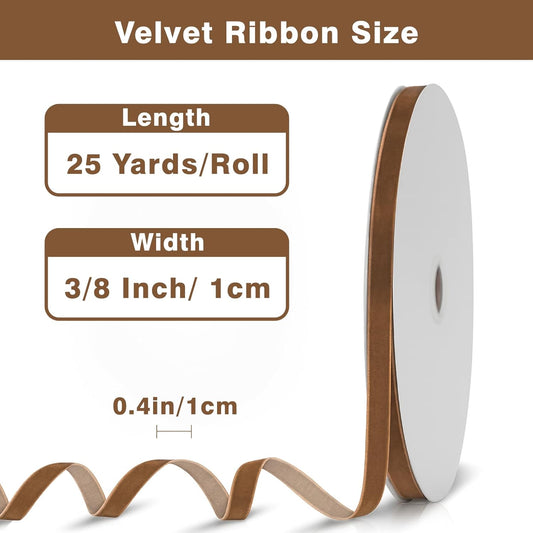 Vintage Brown Velvet Ribbon - 3/8 Inch x 25 Yards Light Brown Velvet Ribbon for Christmas Tree, Gift V1258-DP02-A-185