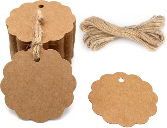 100PCS Craft Scalloped Paper Gift Tags with Natural Jute Twines, 2.4'' Round Gift Tags Kraft Paper Present V1258-DP02-A-1875