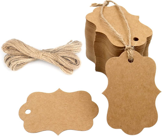 Blank Gift Tags with String, 100PCS Kraft Paper Hang Tags, 2.8x2 in Brown Hanging Price Tag, Wedding Favors V1258-DP02-A-1876