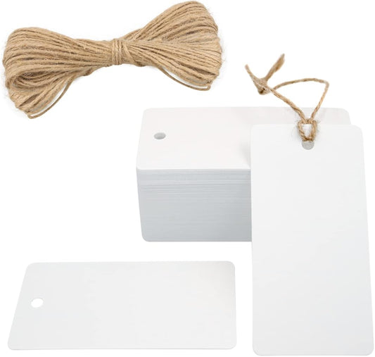100PCS Blank Gift Tags,3.5" x 1.7" White Kraft Paper Gift Tag with String, Rectangle Hanging Tags for Arts V1258-DP02-A-1877