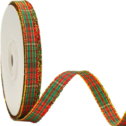 Christmas Ribbon 3/8" Red and Green Plaid Checkered Ribbon 25 Yard Tartan Gold Thread Woven Edge Gingham V1258-DP02-A-188